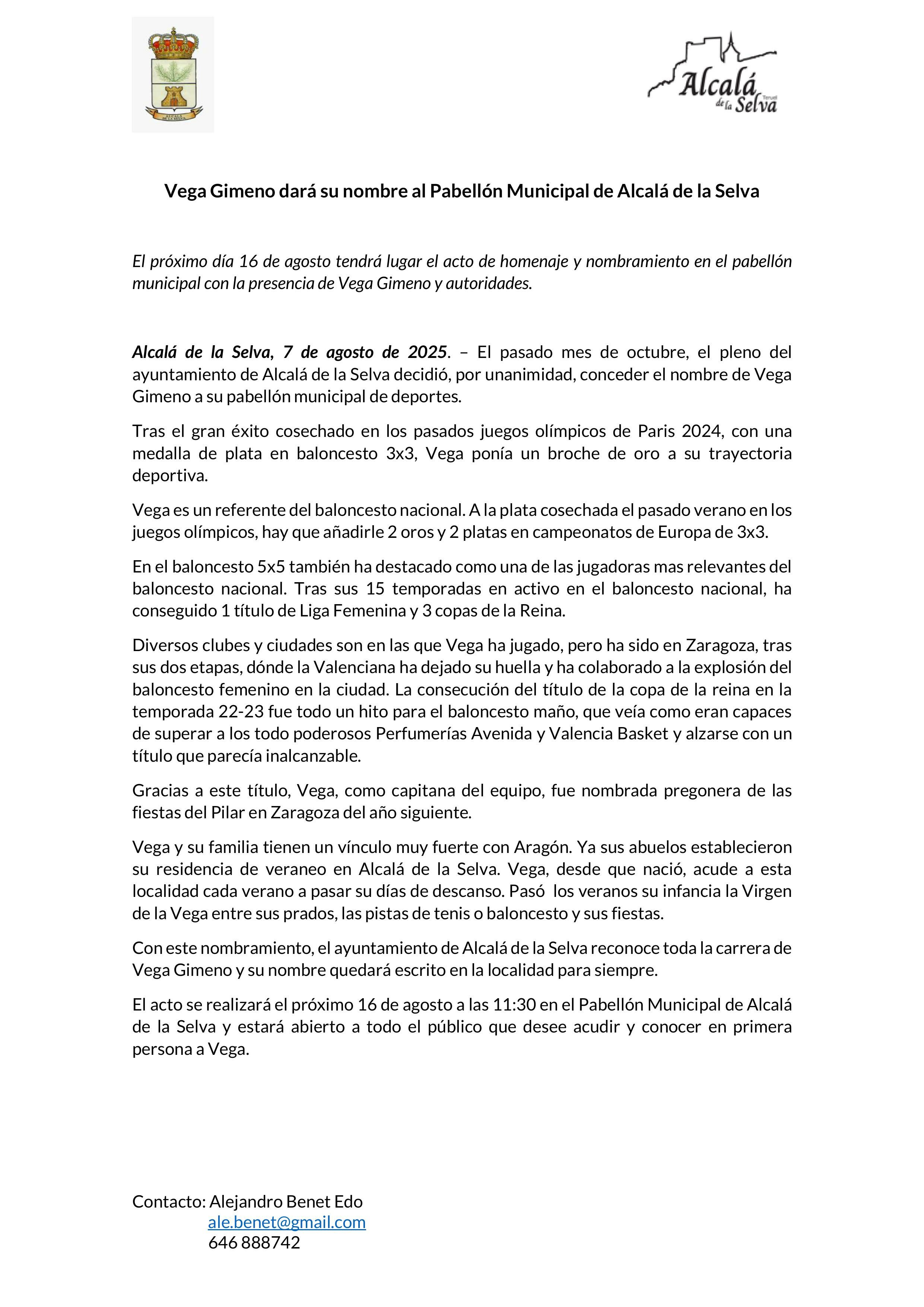 NdP Vega Gimeno dará su nombre al Pabellón Municipal de Alcalá de la Selva 1